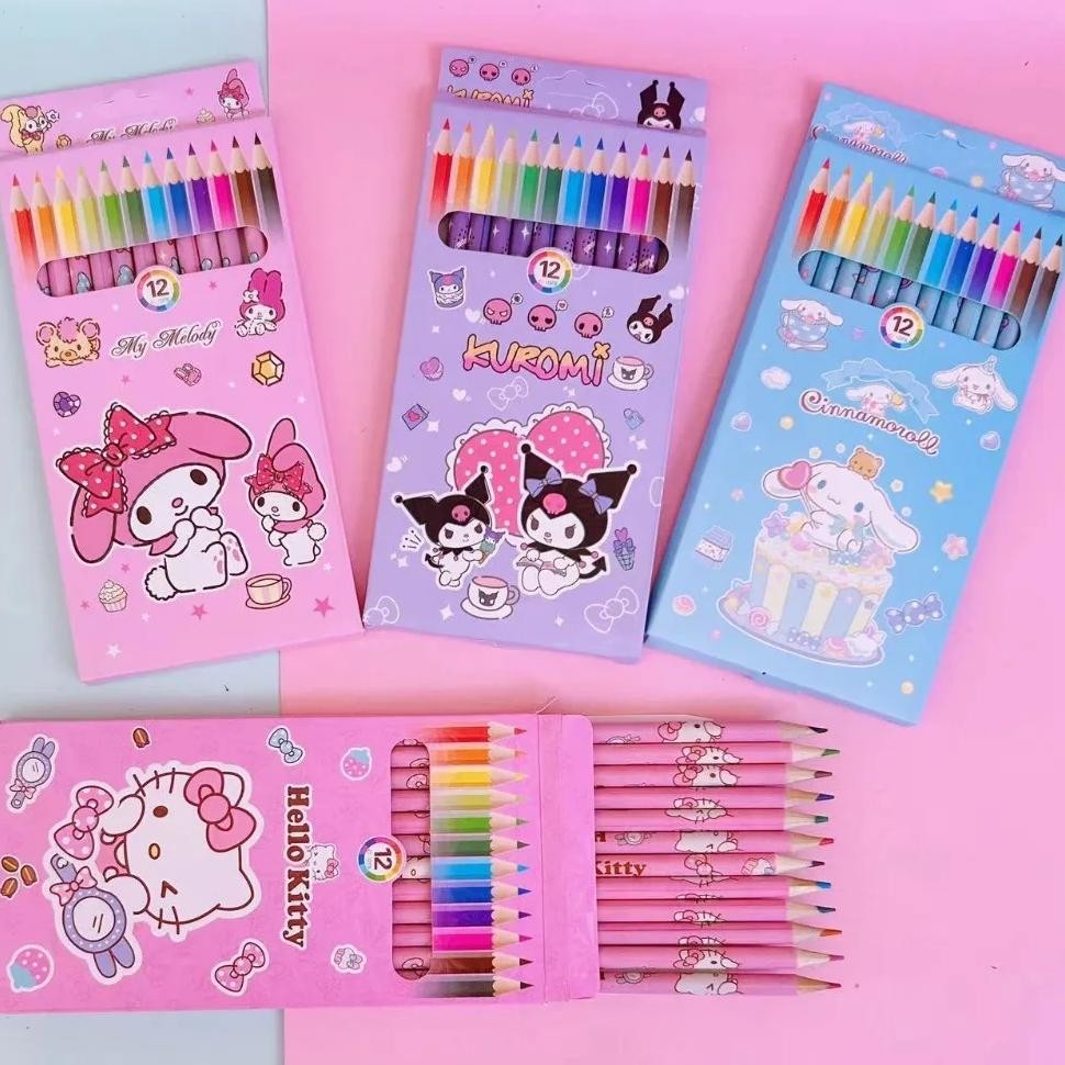 

12 Colors/Box Children Cartoon Kuromi Hello Kitty Colorful Pencil Cute My Melody Cinnamoroll Student Drawing Graffiti Art Design