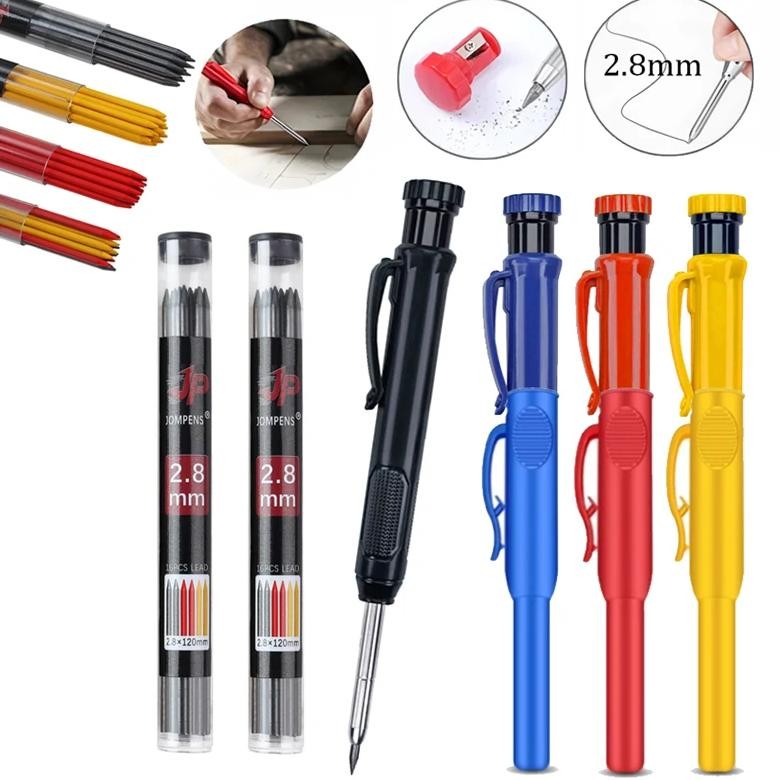 

New 2.8Mm Carpenter Pencil Set With Pencil Cap And 16Pcs Leads, Deep Hole Woodworking Pencil Marking Pencil Woodworking Drawing