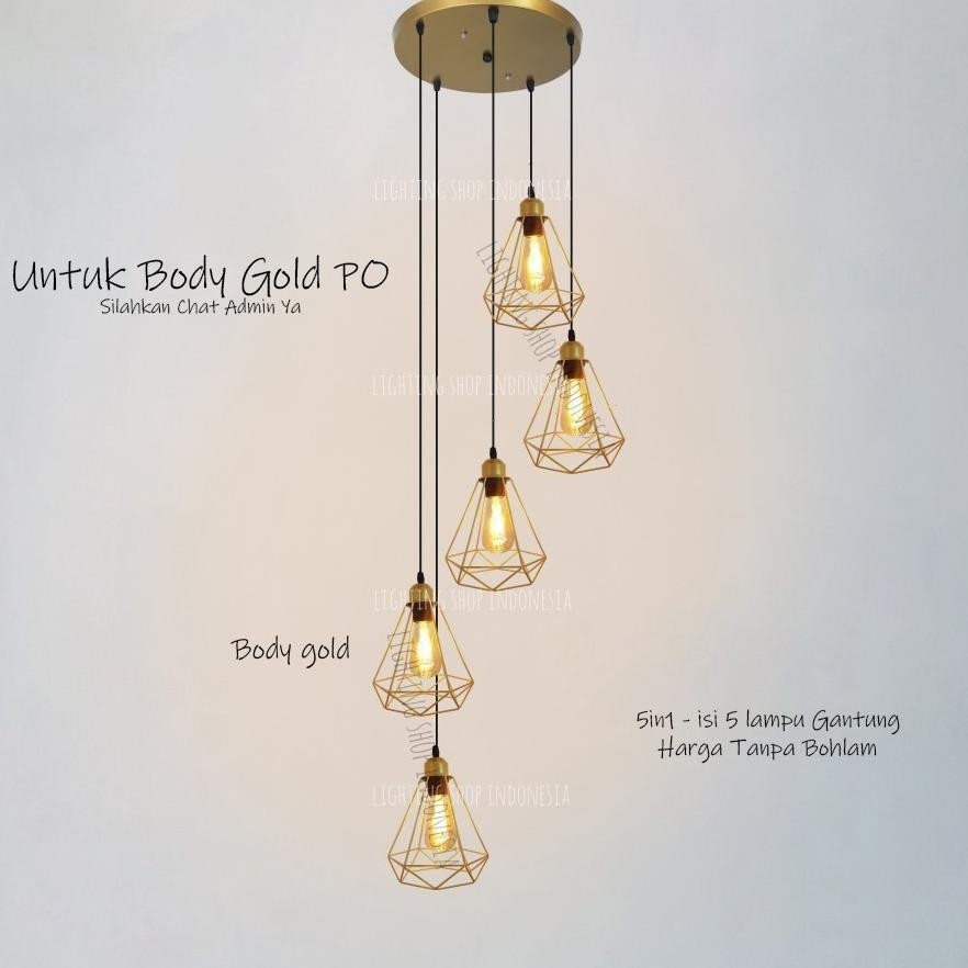 Lampu gantung void tangga 5in1 body hitam gold minimalis 5 lampu model diamond