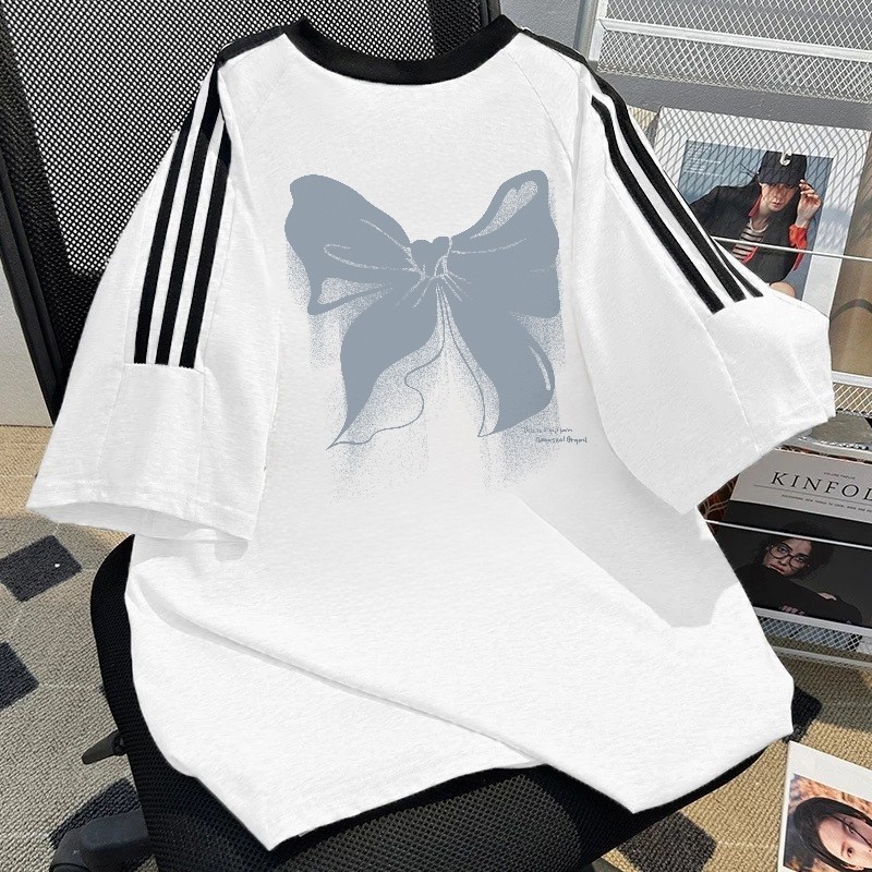 RumahKain Kaos Wanita Lengan Pendek Kekinian Korea Style Atasan Stripe Lengan Baju Kaos Buri Butterf