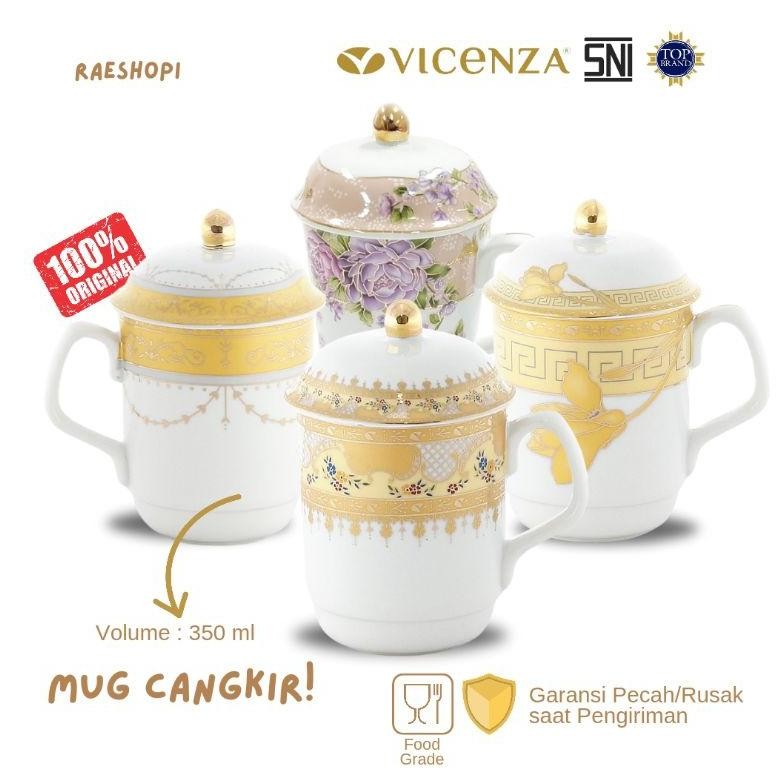 Terlaris Vicenza Mug Cangkir dengan Penutup motif Padi/Lily/Camelia/Magnolia/Ayana/Mawar/Melati/Eter