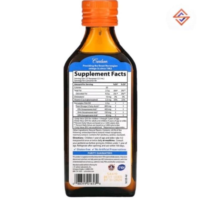 Carlson Labs Kids Norwegian The Very Finest Fish Oil 800 Mg 200 Ml Original Produk