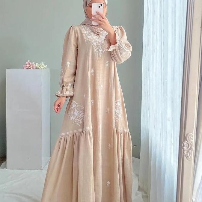 DRESS MUSLIM WANITA BAJU GAMIS BORDIR POLO LINEN TERBARU FASHION MUSLIM KEKINIAN