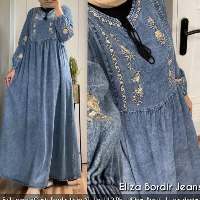 BAJU GAMIS WANITA MUSLIM ELIZA BORDIR DRESS JEANS POLOS CANTIK FASHION PEREMPUAN DEWASA REMAJA CEWEK