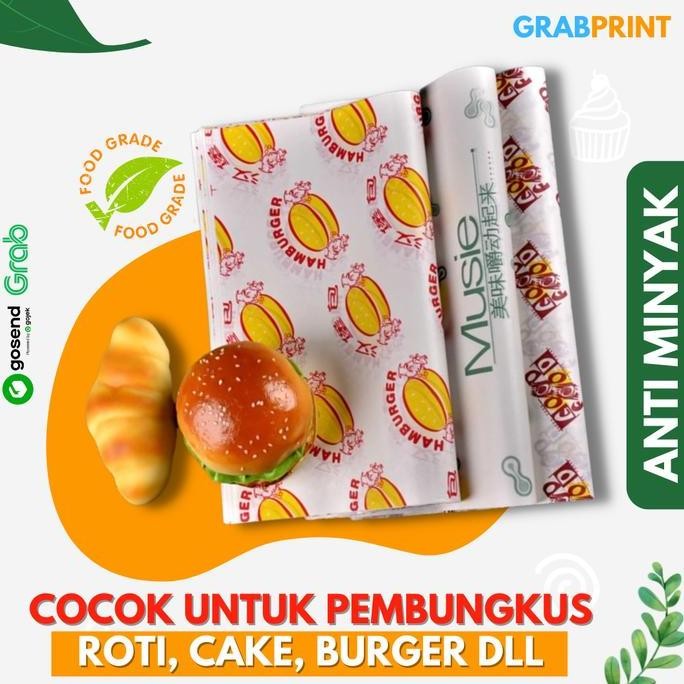 

TERMURAH - Kertas Foodgrade Wrapping Custom Bungkus Burger Roti Makanan 24x27 cm