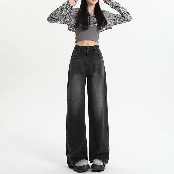 Promo Baggy Jeans Highwaist Wanita Hitam Celana Denim Panjang Cewek Korean Style