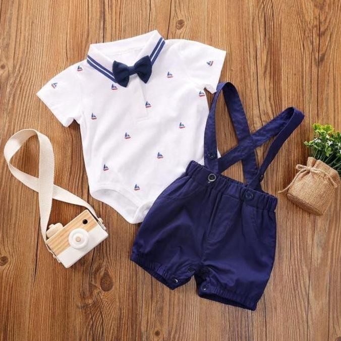 Tersedia Babylovanta Jumper Bayi Laki-Laki Motif Kapal Navy Lengan Pendek Usia 0-24 Bulan | Baju Cow