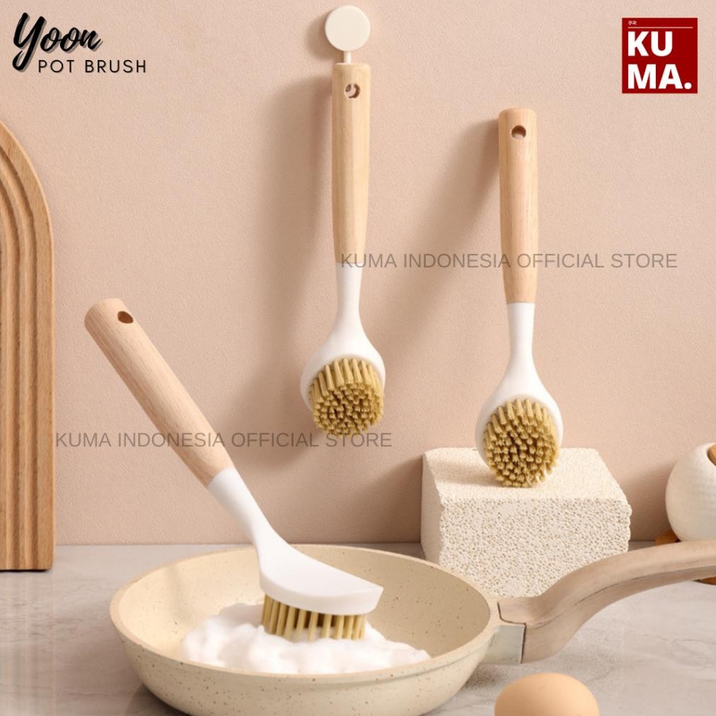 HJK KUMA Yoon Sikat Panci Wajan Piring Gagang Plastik Motif Kayu Kayu Sikat Pembersih