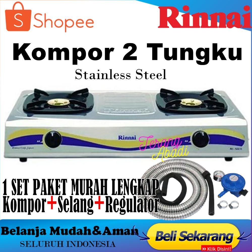 TERLARIS Rinnai Kompor Gas 2 Tungku - RI522E+Selang+Regulator SNI RI-522E | RI 522E Kompor Gas Rinna