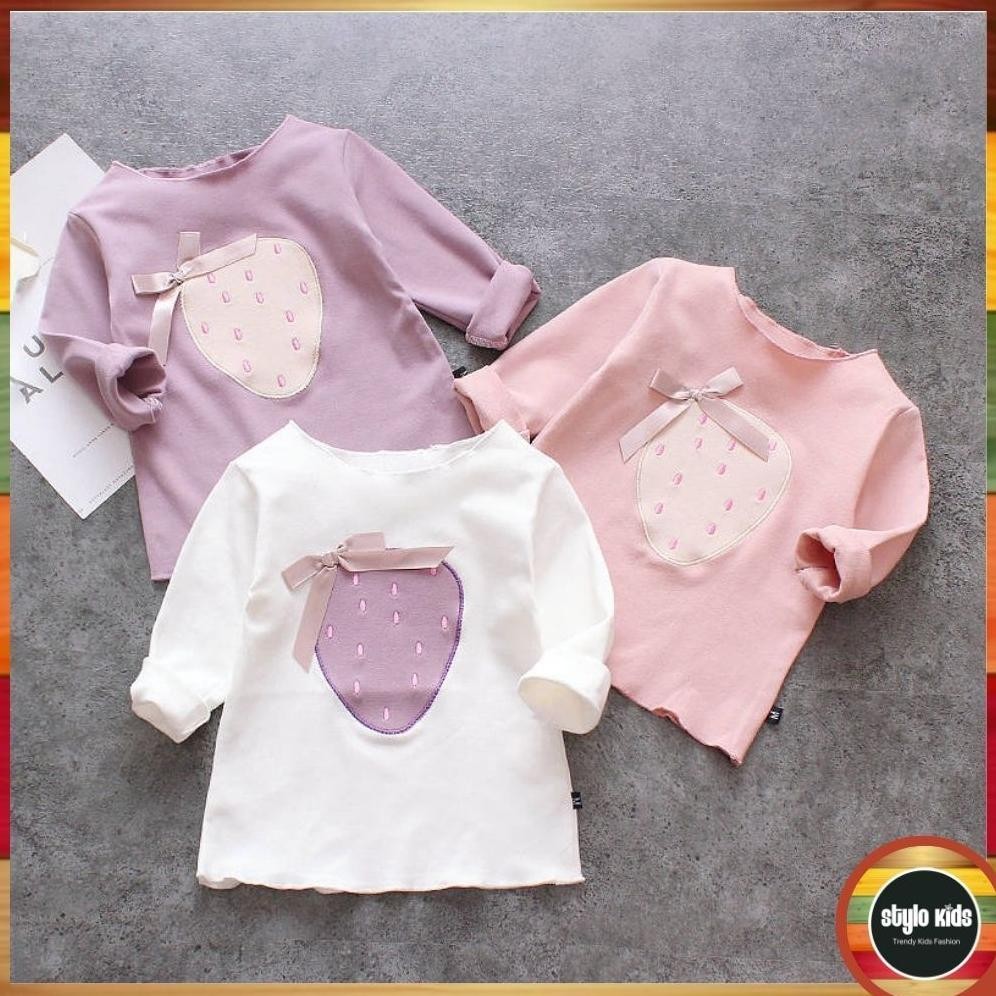 Ready [Stylokids] Baju Kaos T-Shirt Anak Perempuan Lengan Panjang Motif Strawberry Warna Putih, Pink
