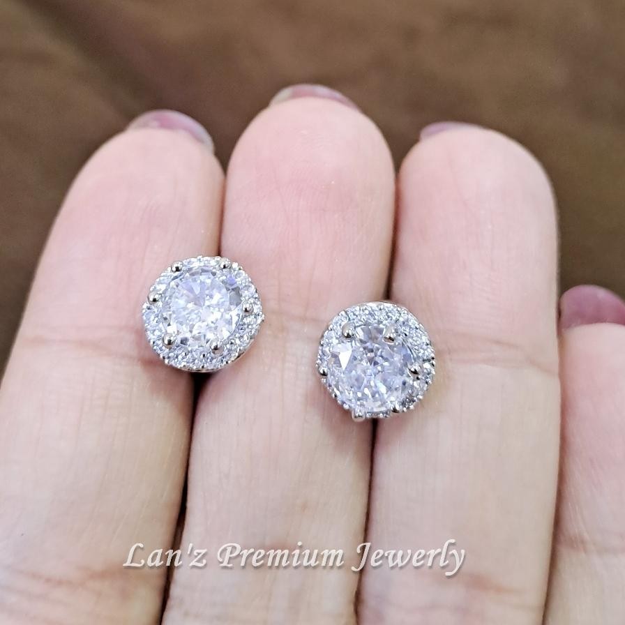 Anting Tusuk Solitare Bulat Kristal Titanium 18K Perak