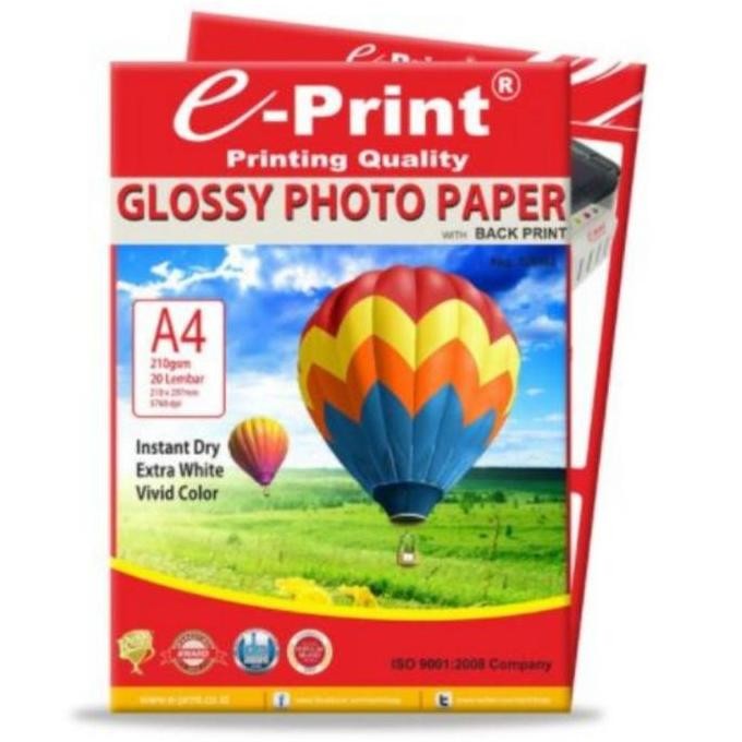 

Kertas Foto E Print 210 Gsm A4 Isi 20 Lembar Dengan Watermak/Photo Paper Glossy Back Print Best Seller