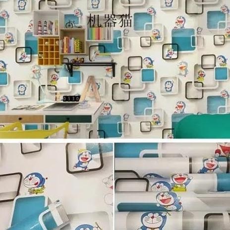Doraemon 3D Kotak -  Wallpaper Dinding - Walpaper Stiker Dinding - Kamar Anak - Kamar Tidur Anak REA