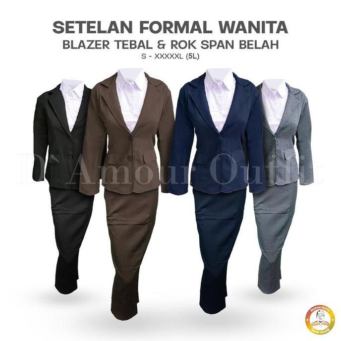 Tersedia One Set Setelan Jas Blazer Rok Span Belah Panjang Wanita Stelan Kerja Kantor Cewe Polos Dew