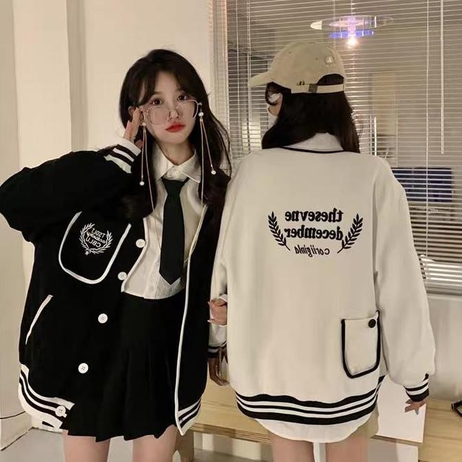 Tersedia Jaket longgar lengan panjang kasual pelajar seragam bisbol wanita gaya Korea Putih Hitam Bl