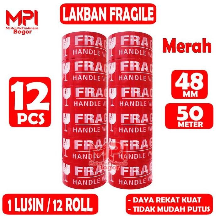 

Termurah 1 Lusin [ 12 Pcs ] - Lakban Fragile Merah 48 Mm X 50 Yard - Handle With Care Jangan Di Banting - Mpi