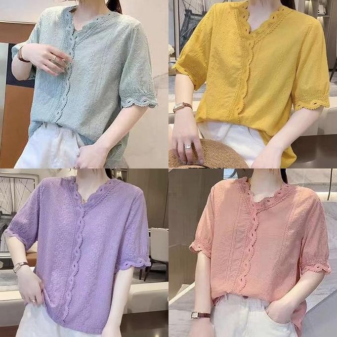 Blus Katun Brukat Bordir Hijau Mint Kuning Ungu Putih Pink Salem V Neck Lis Kepang Import Terlaris