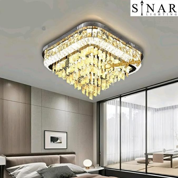 Promo Lampu Plafon Kristal Kotak 60 Cm + Remote Led 3 Cahaya 1001