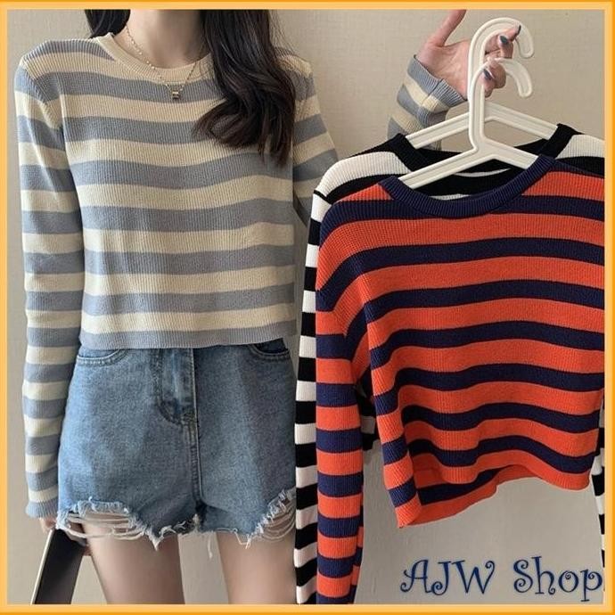 (Expert) AJWShop [RK] Atasan Crop Rajut Lengan Panjang Premium Salur Garis Garis | Crop Top Lengan P