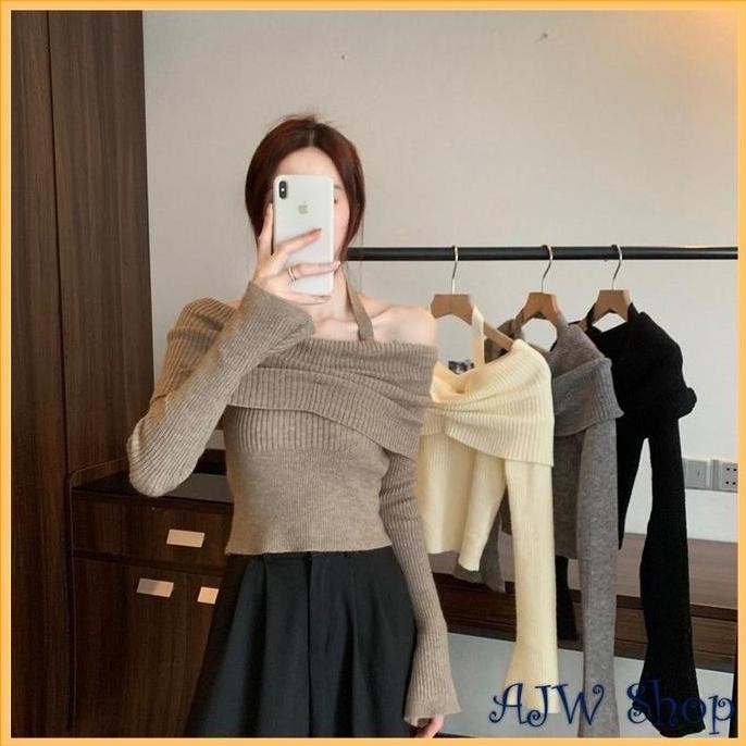 (Expert) AJW [XEG] Atasan Wanita Sabrina Cutt Off Tali Leher Knit Premium | Baju Wanita Rib Sabrina 