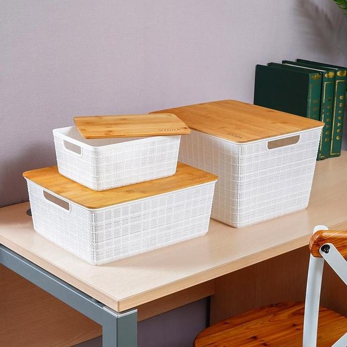 

Terlaris Stora Kotak Penyimpanan Dengan Tutup Bambu - Putih Kotak Serbaguna Wadah Simpan Storage Box Boks Organizer