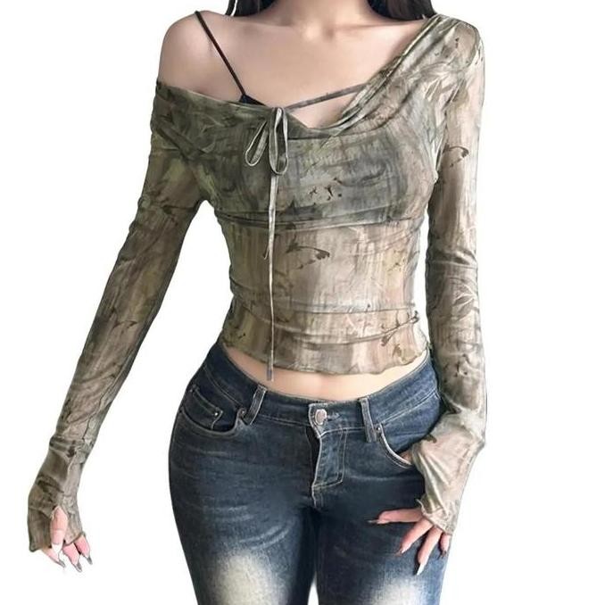Tersedia [HEYSOUL] Crop Top Transparan Wanita Lengan Panjang Model Korea Asimetris Kekinian Atasan S