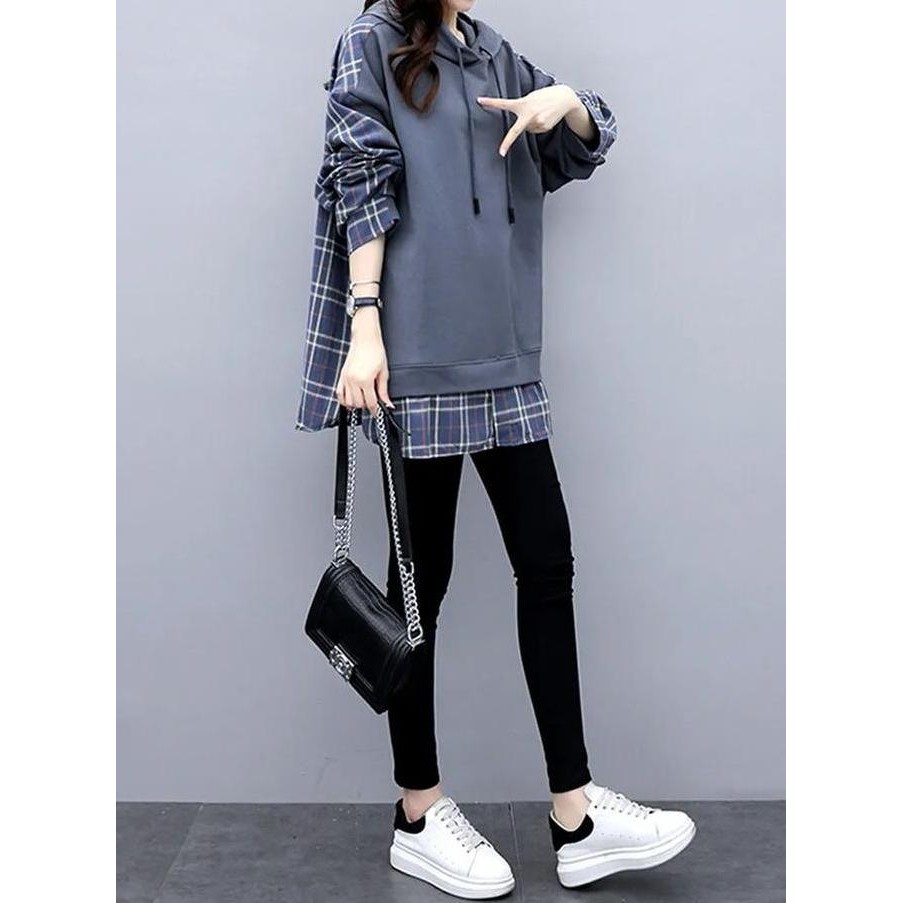 Tersedia Blouses & Shirts Atasan Wanita Panjang Blus dan Kemeja paduan bahan sweater   vintage baju 