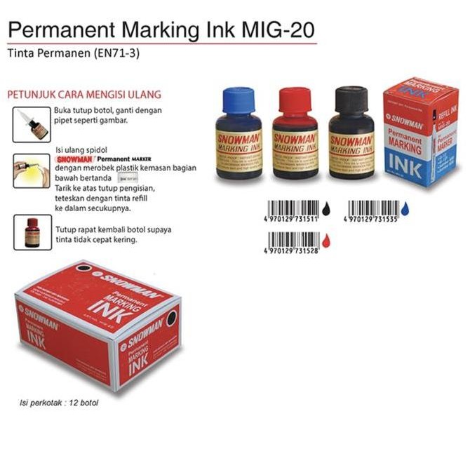 

BEBAS ONGKIR - (1 lusin) tinta spidol SNOWMAN refill ink MIG-20 untuk spidol G-12