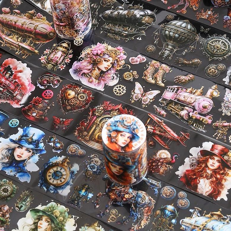 

(1CF) washi tape selotip transparan wanita mesin steampunk machinery woman journaling AST