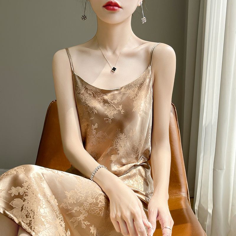 Gaun Tali Satin Jacquard Gaya Cina Wanita/Gaun Midi