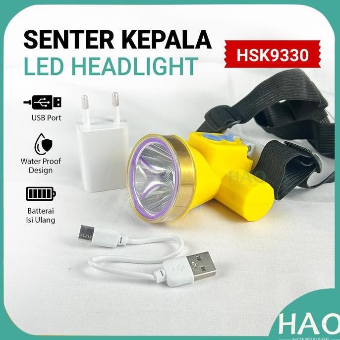 Senter Kepala Headlight LED / Senter Kepala Travel / Senter Kepala Charger HSK-9330 LED Putih