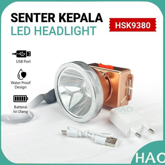 Senter Kepala Headlight LED / Senter Kepala Travel / Senter Kepala Charger HSK-9380 LED Putih