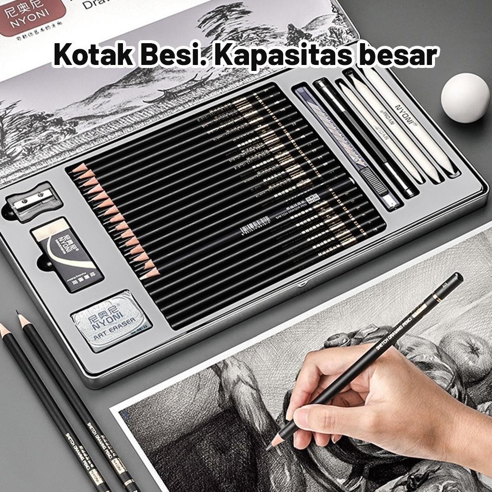

Nyoni Drawing Pencil Gambar Set 29pcs Metal Tin Box Pensil Gambar Lukis Sketsa Lengkap Paket AST