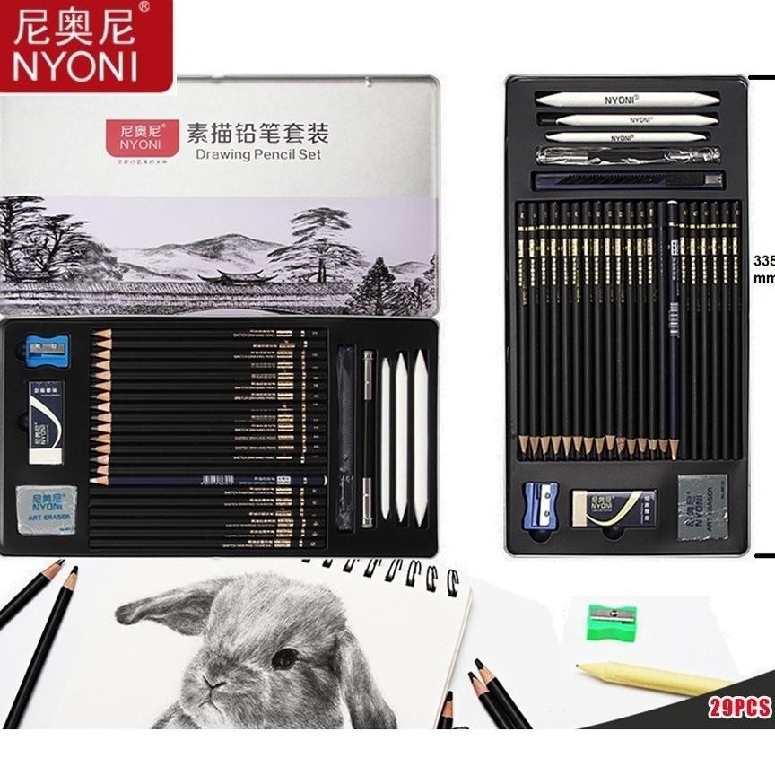 

Lukisan Seni Rupa Nyoni Drawing Pencil Gambar Set 29pcs Metal Tin Box Pensil Gambar Lukis Sketsa Lengkap Paket AST
