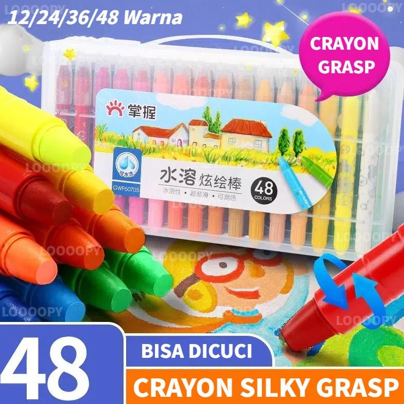 

LOOOOPY Crayon Grasp / Crayon Grasp Mata Sedang / Silky Crayon / Water Soluble Crayon / Crayon Set 12/24/36/48 Warna AST
