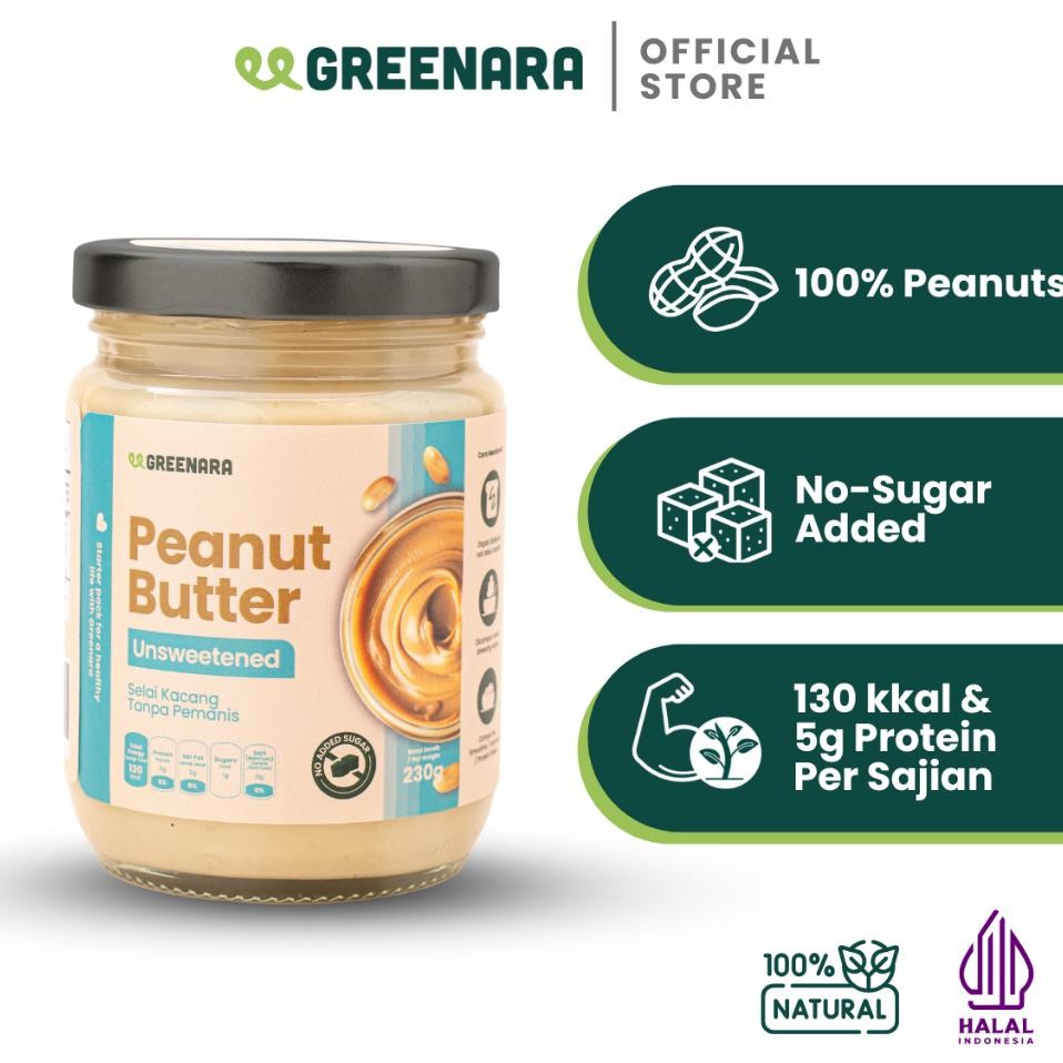 

Greenara Natural Unsweetened Peanut Butter 230Gr Low Cale 112Calserv Selai Kacang Tanpa Gula