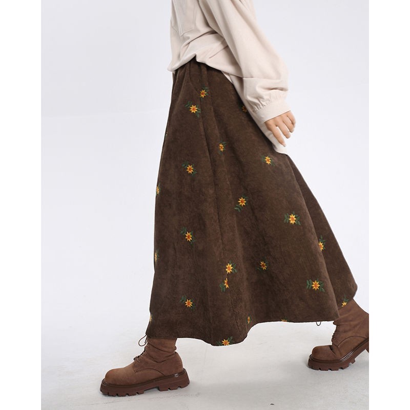 Vintage Brown Corduroy Skirt Midi Skirt Early Autumn Embroidered Floral Mori Style Over-the-Knee Lon