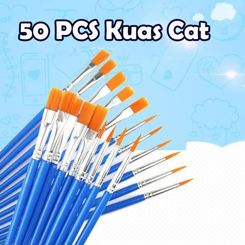

50pcs Cat Air Biru Flat Tip Sikat Runcing Sikat Kuas Lukis Set Paintbrush Akrilik Bulu Nilon Cat Air Artist Paint Brush Pena Garis Besar Lukisan Cat Minyak Guas Graffiti AST