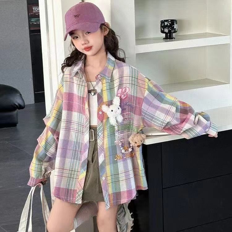 Kemeja Cetak Kotak-Kotak Fashion Wanita/Jaket Kemeja Lengan Panjang Santai yang Trendy