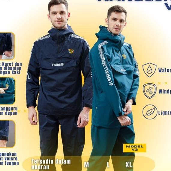 Jas Hujan Saku Kangguru V2 Twins19 Twins Nineteen Setelan Jaket Celana Pria Wanita Kantong Kanguru