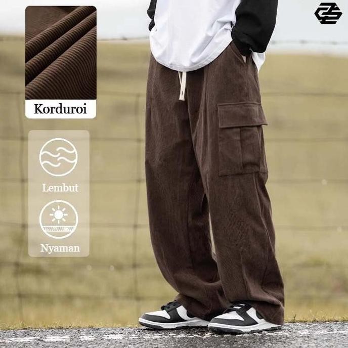 Celana korduroy pria corduroy cargo oversize korean style