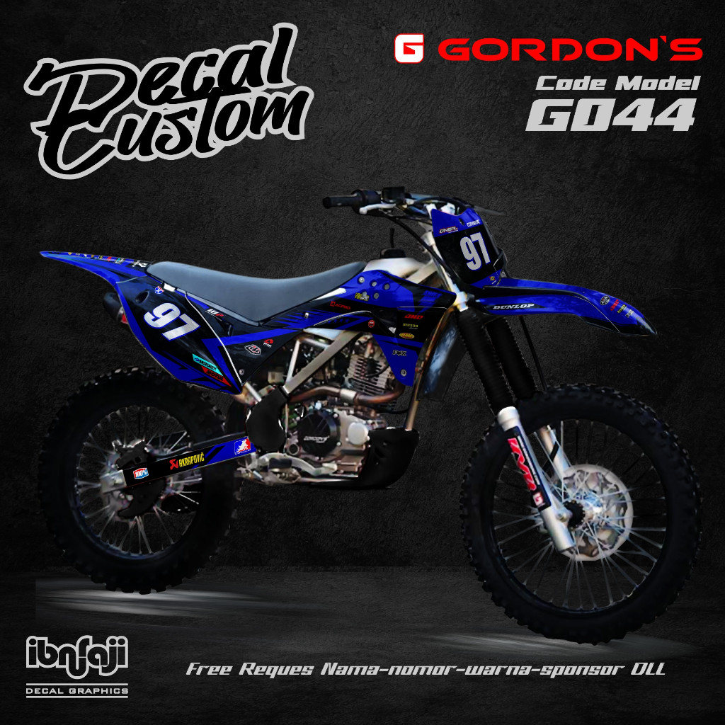 Decal Gordon Klx Full Bodi biru desain Custom nama nomor warna sponsor G044