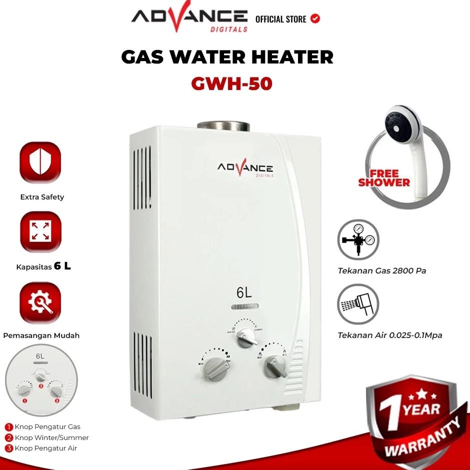 Advance GWH50 Water Heater Gas / Pemanas Air Panas Kamar Mandi - BONUS Kepala Shower & Selang Shower