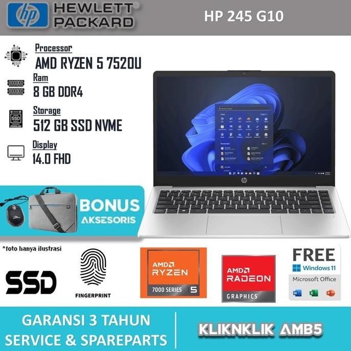 Laptop Hp 245 G10 AMD Ryzen 5 7520U Ram 8GB SSD 1TB 14 WXGA Grey