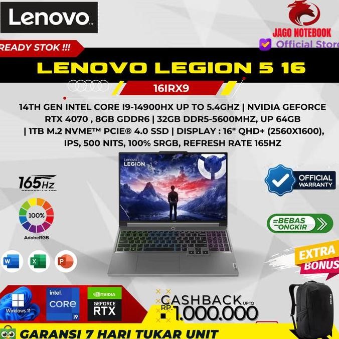 Lenovo Legion 5 16 RTX4070 8GB I9 14900HX 32GB 1TBSSD Win 11 16.0QHD