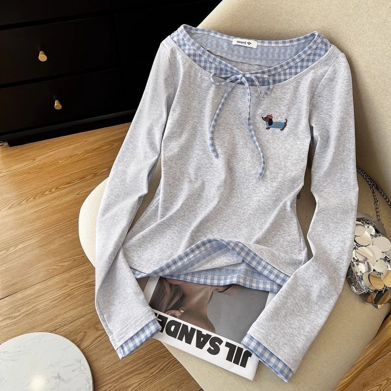 [Enamor] Kaos Lengan Panjang Wanita Bergaya Korea Unik dengan Desain Dua Lapis Palsu, Model Ramping 