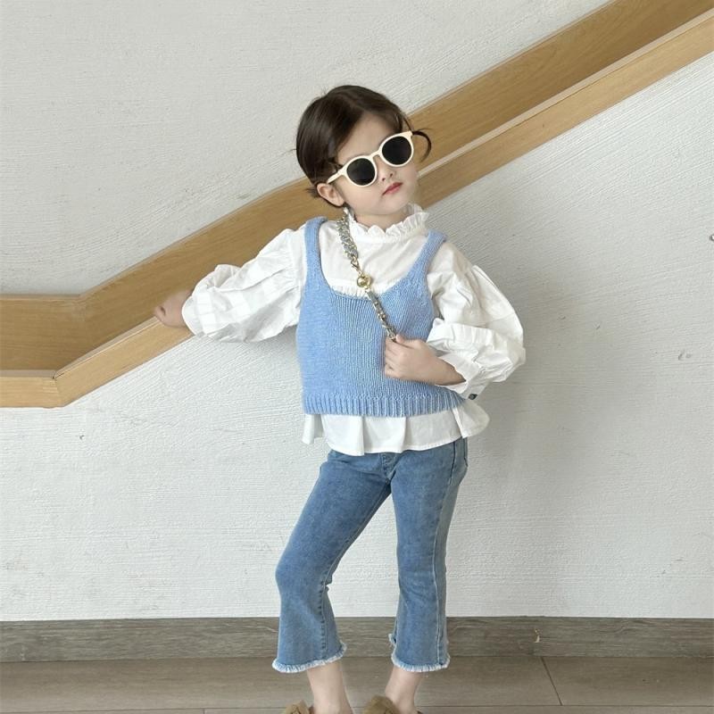 Set Pakaian Musim Semi Rompi Rajut untuk Gadis Anak Kemeja Jeans Gaya Korea Set Tiga Bagian Blus Gad