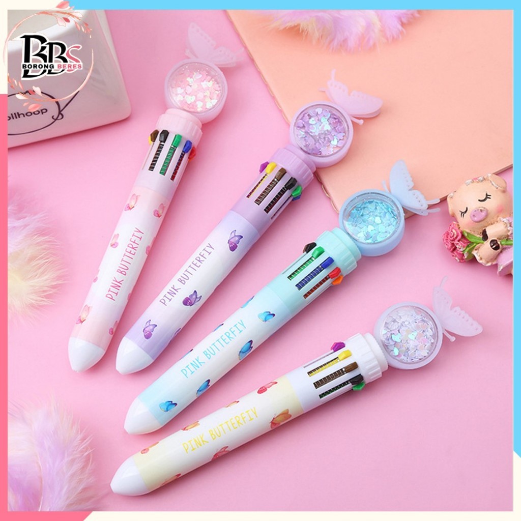 

BORES Pulpen Gliter Motif Kupu-Kupu Pulpen 10 Warna Aesthetic Pena Ballpoint Karakter Lucu