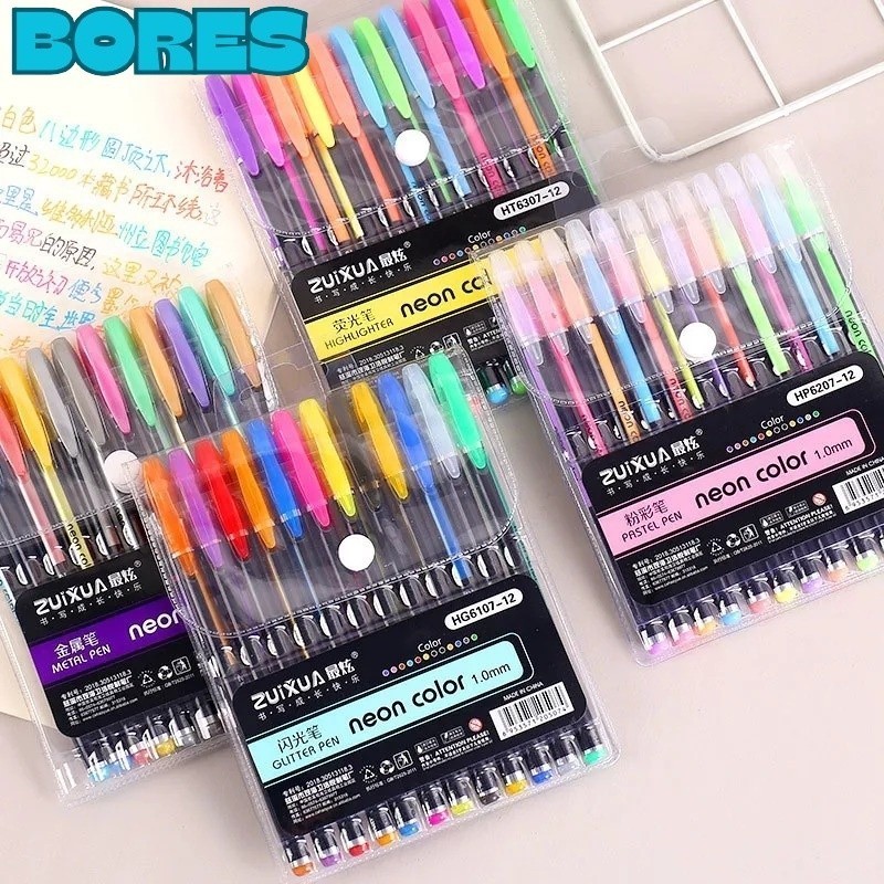 

BORES Pena Glitter Metalik 1.0mm Isi 12pcs Pulpen Warna Warni Tinta Pastel Neon Color Pen Pastel Ballpoint Craftwork Scrapbook Gel Ink Highlighter Penanda Buku Warna Warni Ujung Lembut