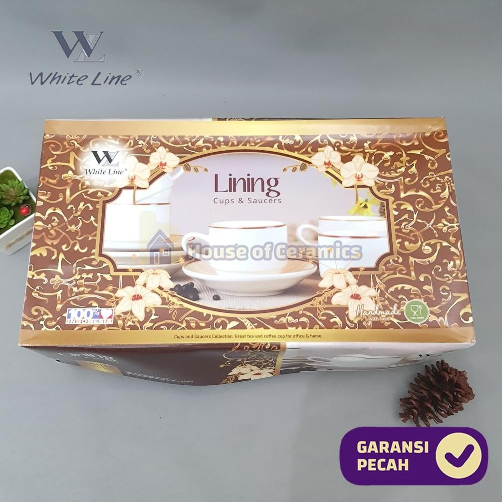 Set Gelas Whiteline Cups & Saucers 12 Pcs | Mug Keramik Cantik Hadiah Giftbox Original